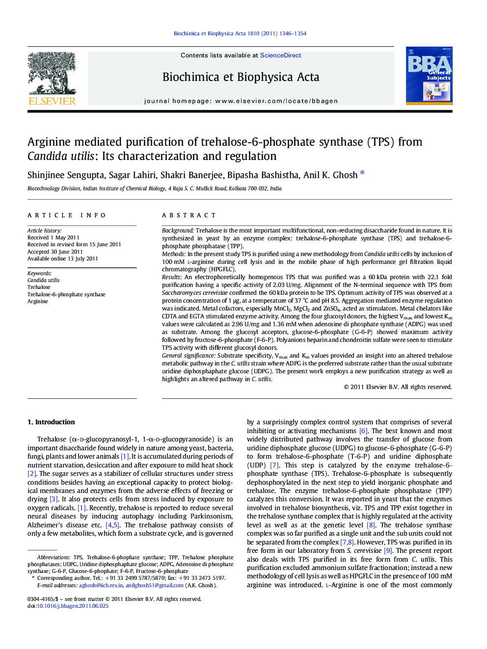 Arginine mediated purification of trehalose-6-phosphate synthase (TPS) from Candida utilis: Its characterization and regulation