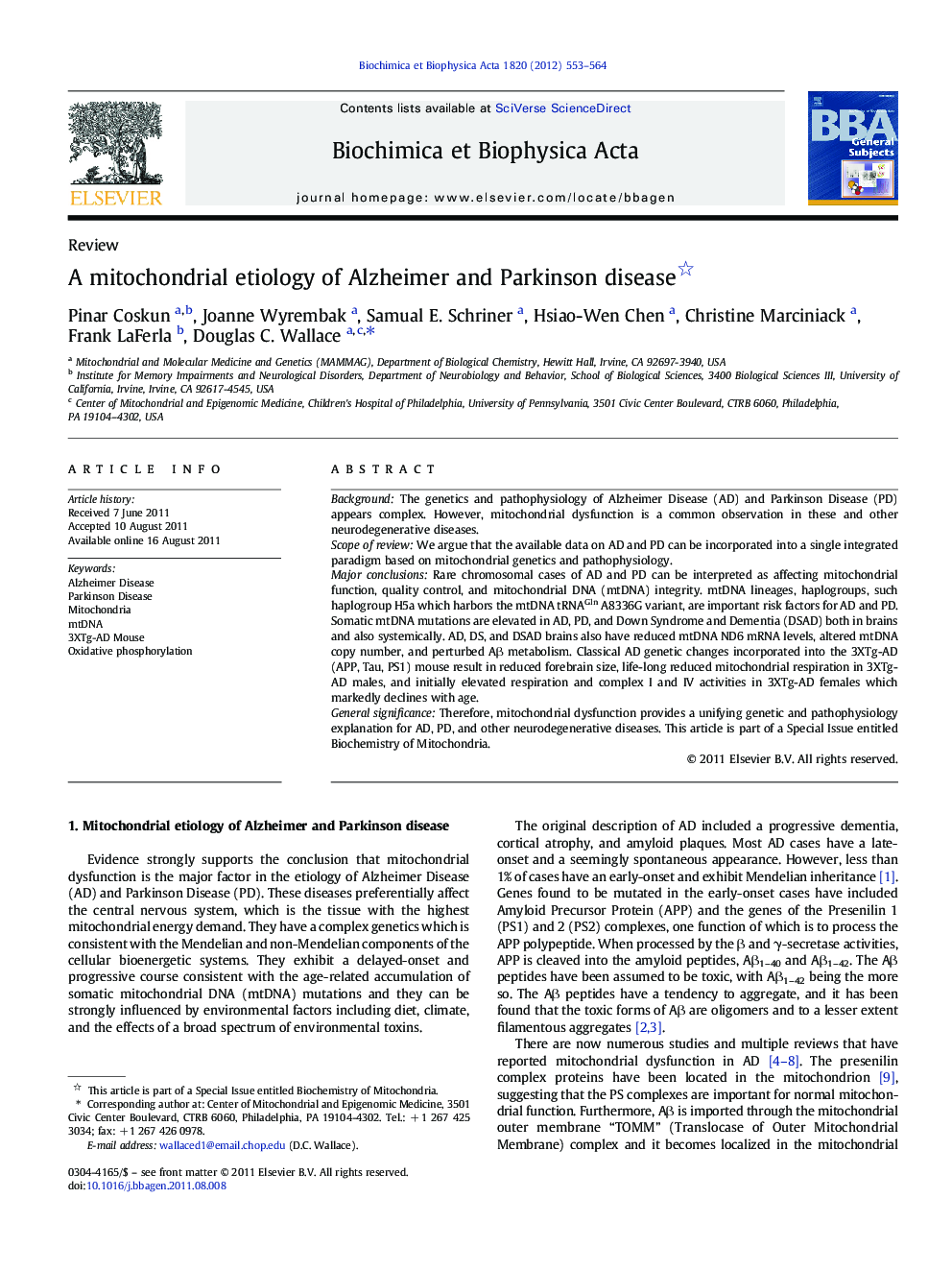 A mitochondrial etiology of Alzheimer and Parkinson disease 