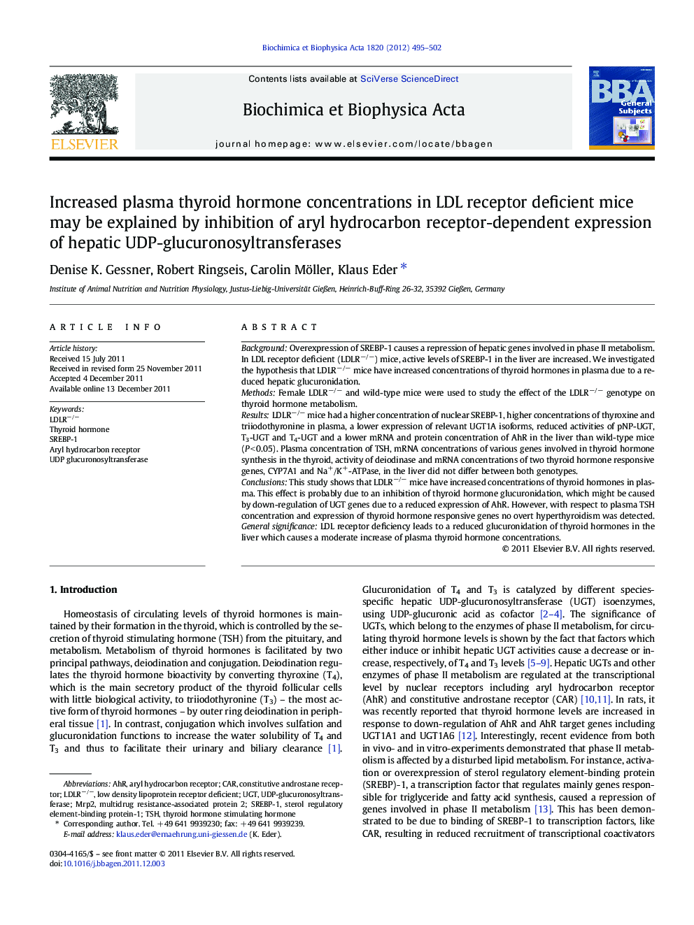 Increased plasma thyroid hormone concentrations in LDL receptor deficient mice may be explained by inhibition of aryl hydrocarbon receptor-dependent expression of hepatic UDP-glucuronosyltransferases