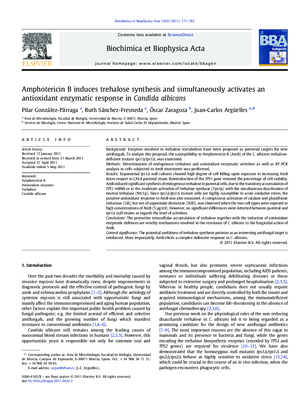 Amphotericin B induces trehalose synthesis and simultaneously activates an antioxidant enzymatic response in Candida albicans