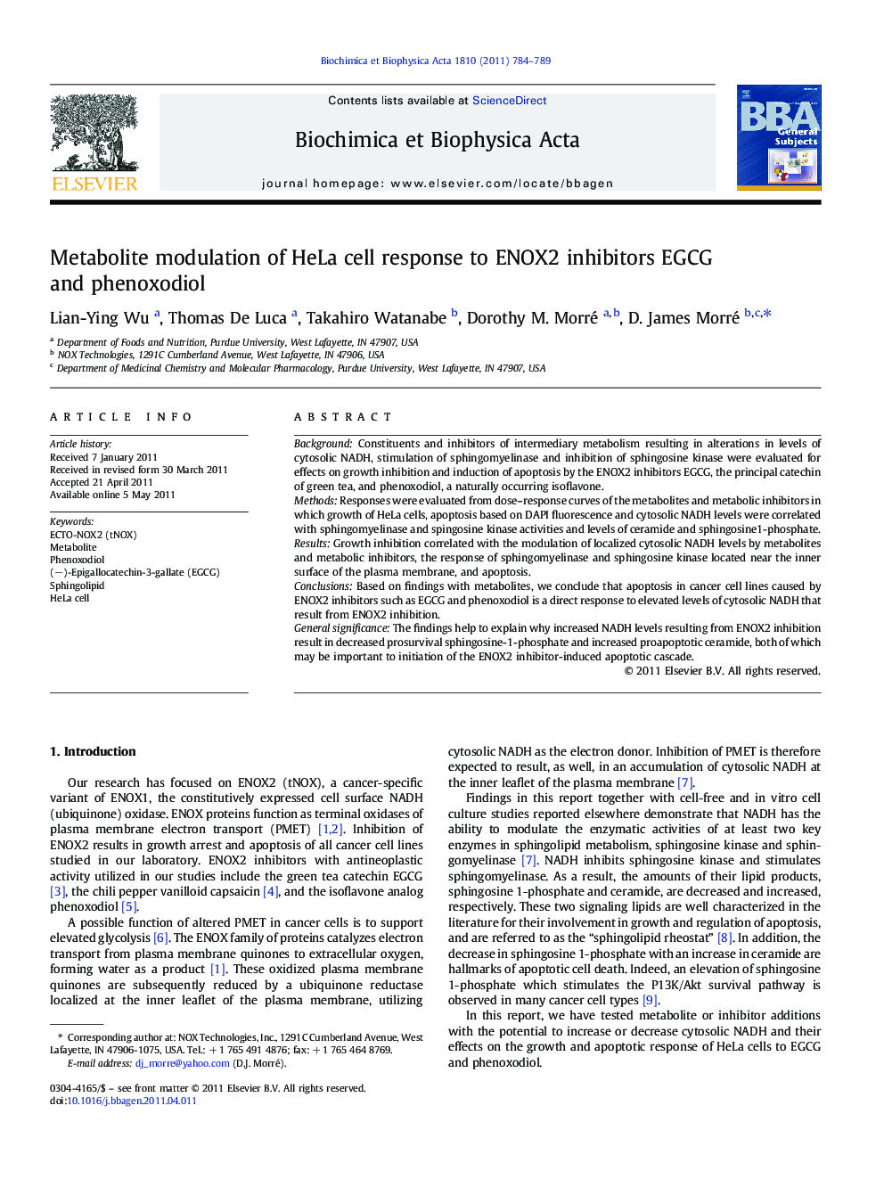 Metabolite modulation of HeLa cell response to ENOX2 inhibitors EGCG and phenoxodiol