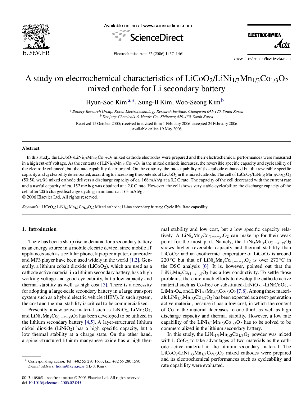 A study on electrochemical characteristics of LiCoO2/LiNi1/3Mn1/3Co1/3O2 mixed cathode for Li secondary battery