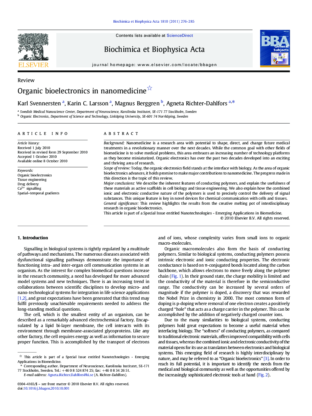 Organic bioelectronics in nanomedicine 