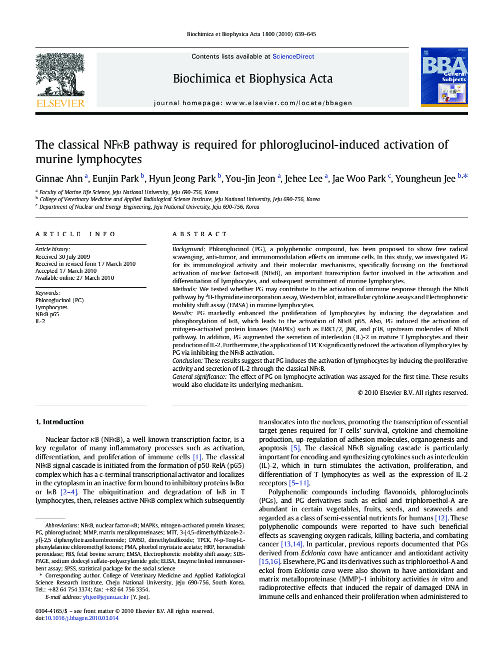 The classical NFκB pathway is required for phloroglucinol-induced activation of murine lymphocytes