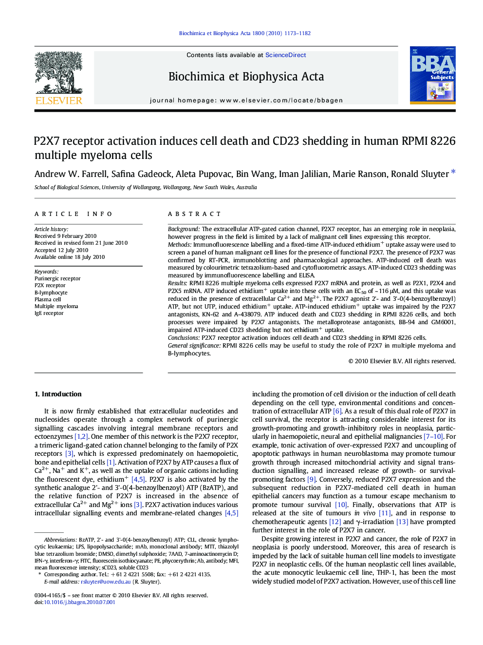 P2X7 receptor activation induces cell death and CD23 shedding in human RPMI 8226 multiple myeloma cells