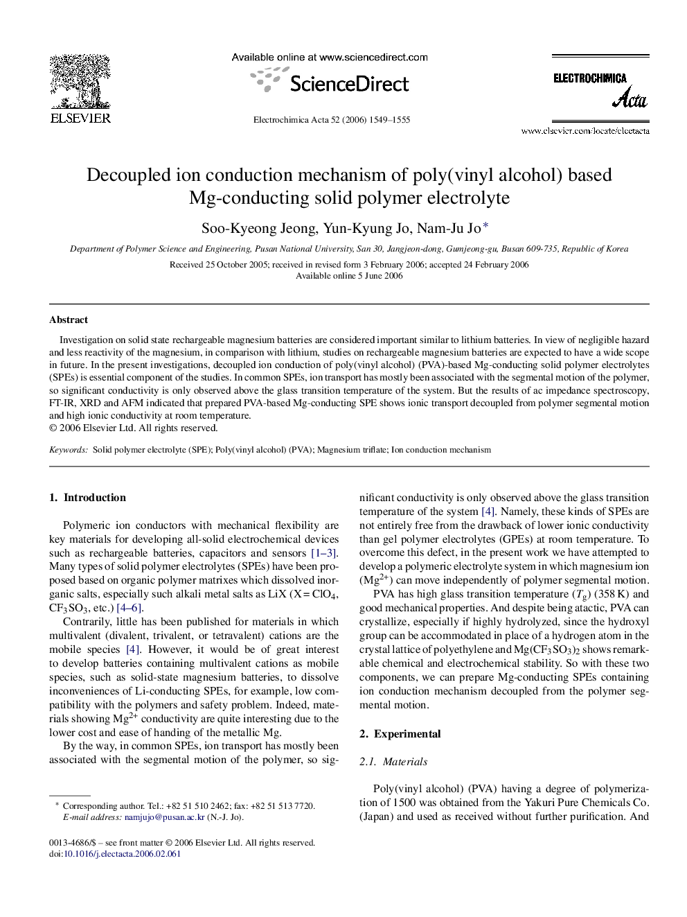 Decoupled ion conduction mechanism of poly(vinyl alcohol) based Mg-conducting solid polymer electrolyte