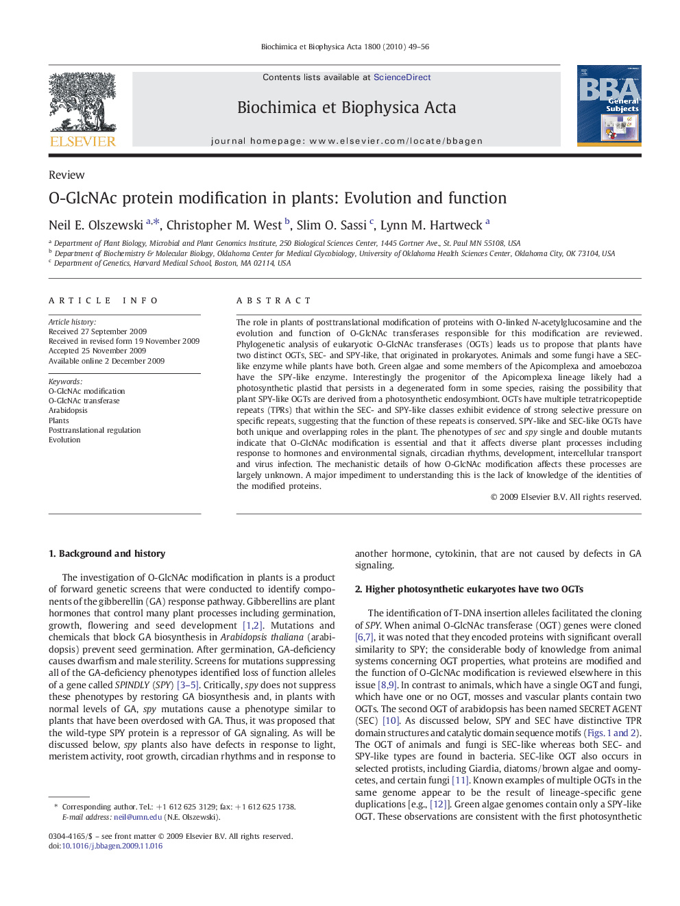 O-GlcNAc protein modification in plants: Evolution and function