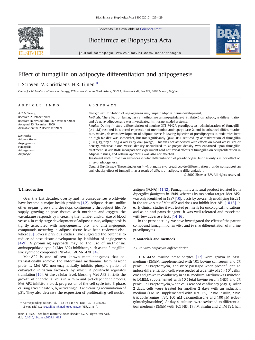 Effect of fumagillin on adipocyte differentiation and adipogenesis