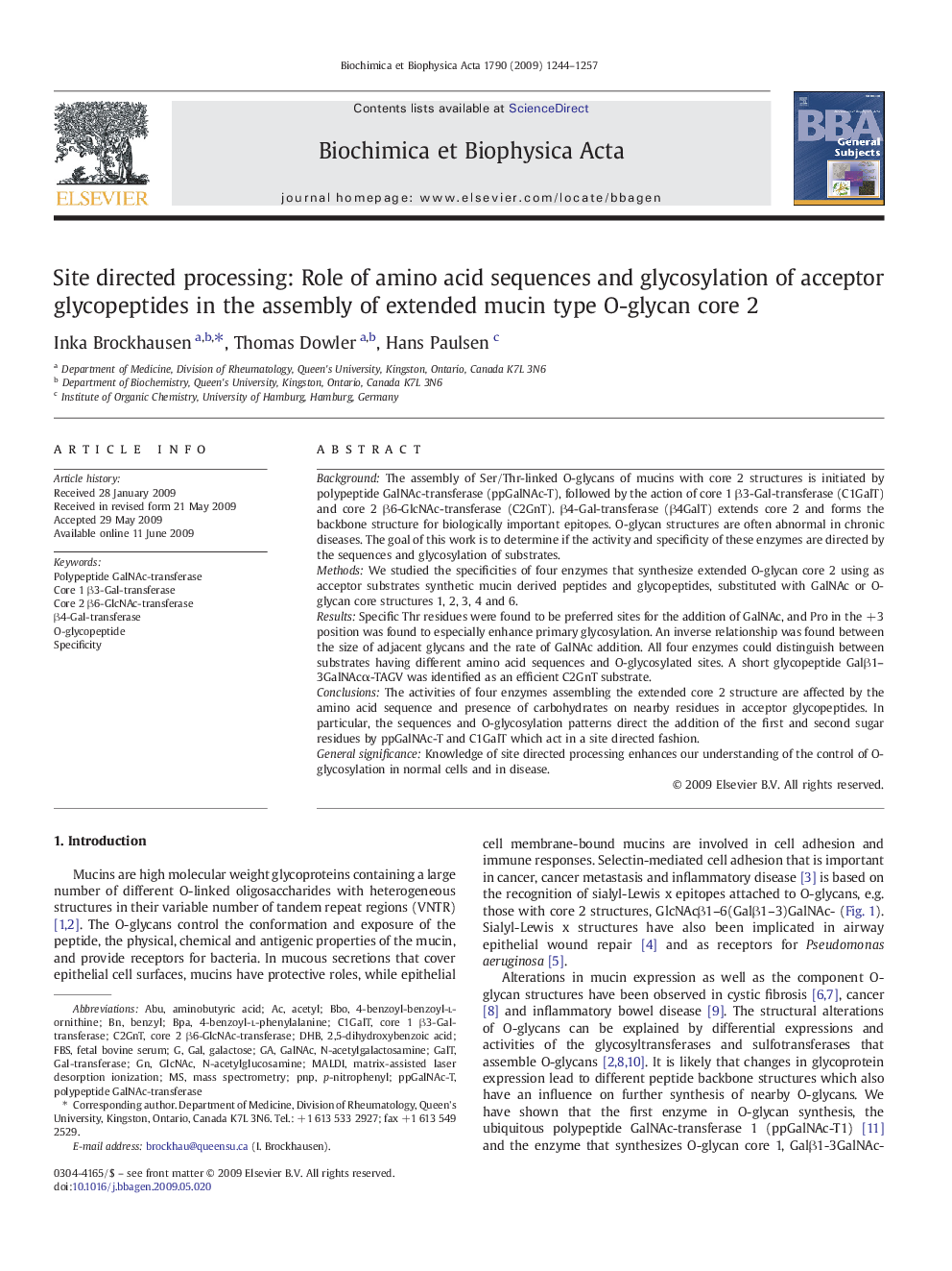 Site directed processing: Role of amino acid sequences and glycosylation of acceptor glycopeptides in the assembly of extended mucin type O-glycan core 2