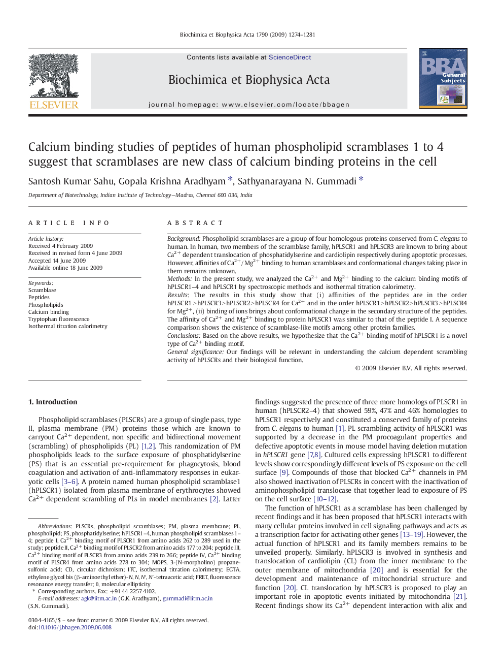 Calcium binding studies of peptides of human phospholipid scramblases 1 to 4 suggest that scramblases are new class of calcium binding proteins in the cell