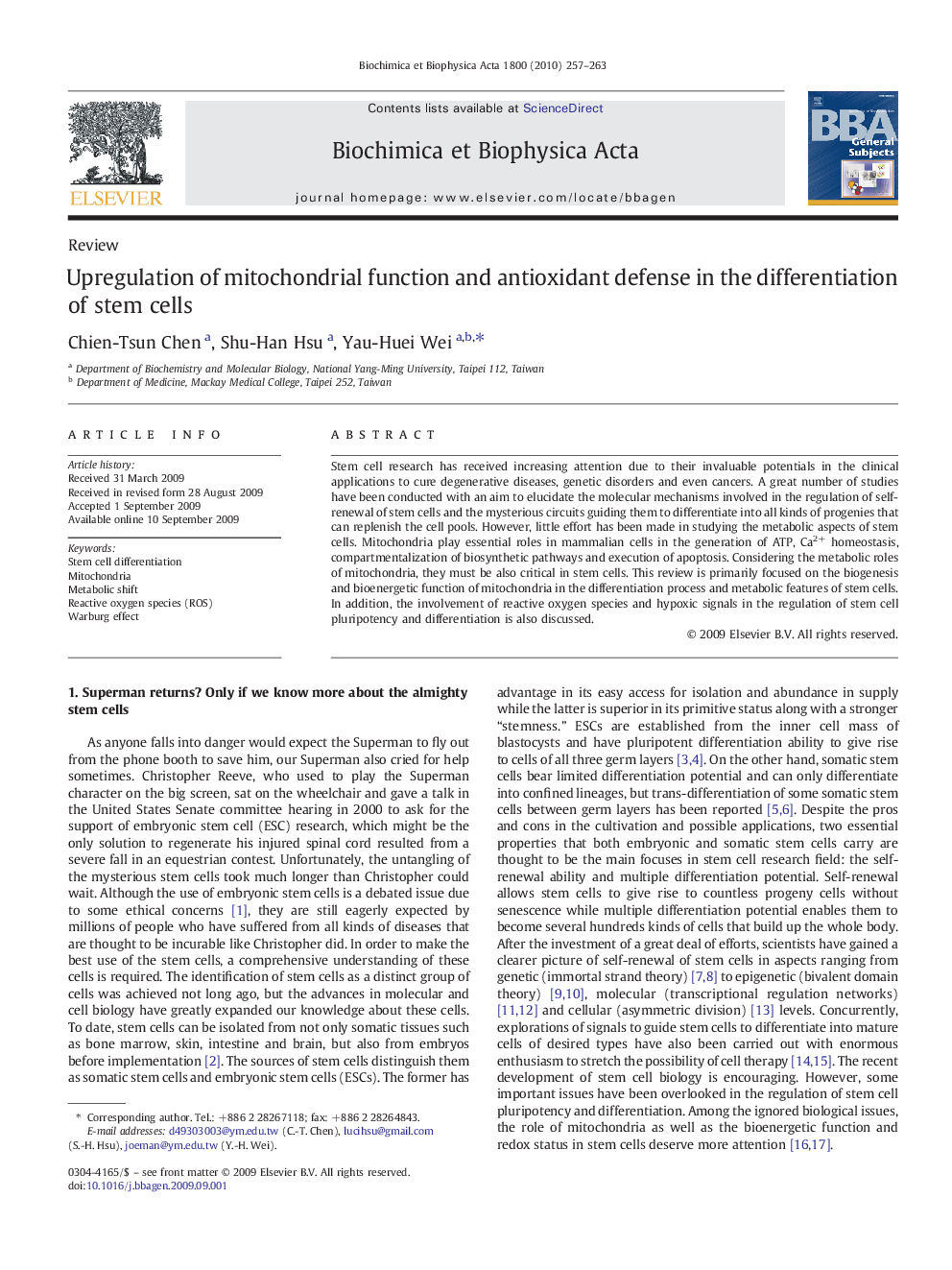 Upregulation of mitochondrial function and antioxidant defense in the differentiation of stem cells