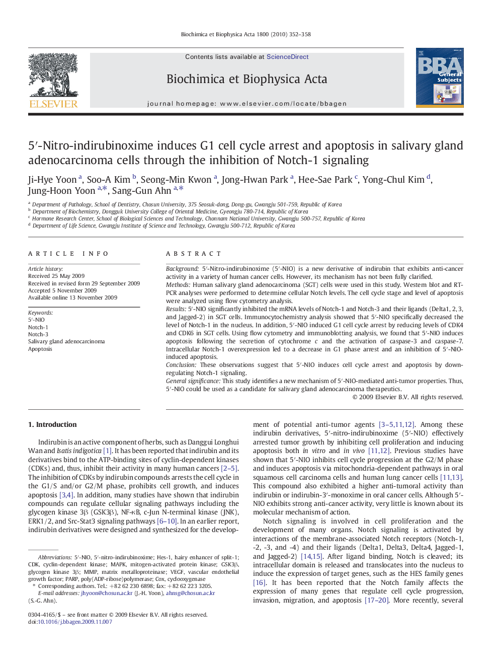 5′-Nitro-indirubinoxime induces G1 cell cycle arrest and apoptosis in salivary gland adenocarcinoma cells through the inhibition of Notch-1 signaling