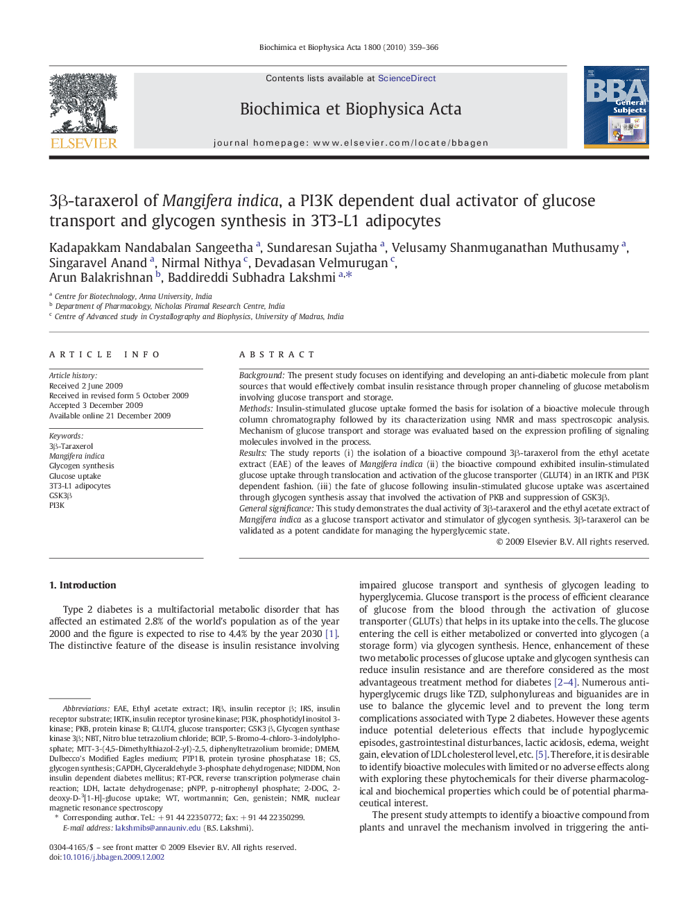 3β-taraxerol of Mangifera indica, a PI3K dependent dual activator of glucose transport and glycogen synthesis in 3T3-L1 adipocytes