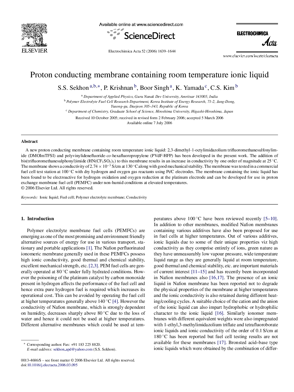 Proton conducting membrane containing room temperature ionic liquid