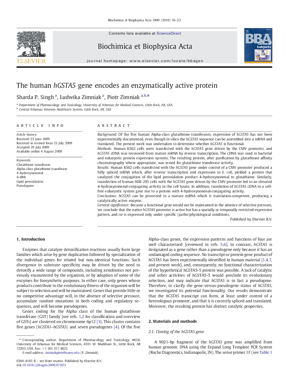 The human hGSTA5 gene encodes an enzymatically active protein