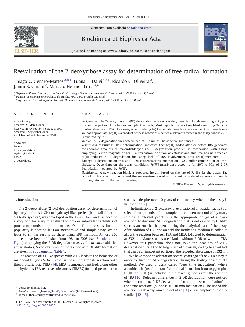 عکس صفحه اول مقاله: Reevaluation of the 2-deoxyribose assay for determination of free radical formation Reevaluation of the 2-deoxyribose assay for determination of free radical formation