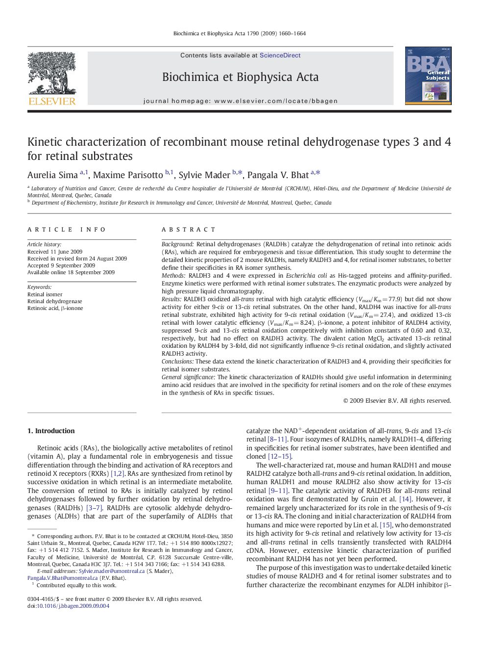 Kinetic characterization of recombinant mouse retinal dehydrogenase types 3 and 4 for retinal substrates