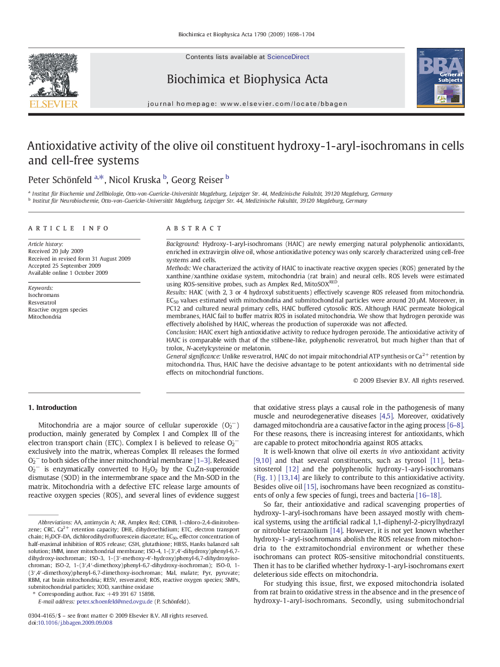 Antioxidative activity of the olive oil constituent hydroxy-1-aryl-isochromans in cells and cell-free systems