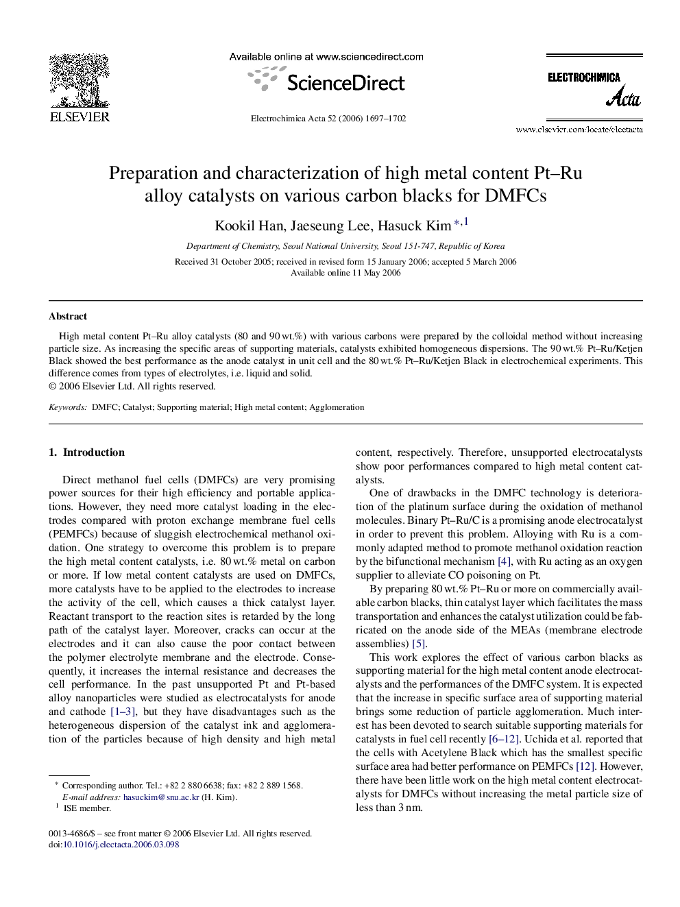 عکس صفحه اول مقاله: Preparation and characterization of high metal content Pt–Ru alloy catalysts on various carbon blacks for DMFCs Preparation and characterization of high metal content Pt–Ru alloy catalysts on various carbon blacks for DMFCs