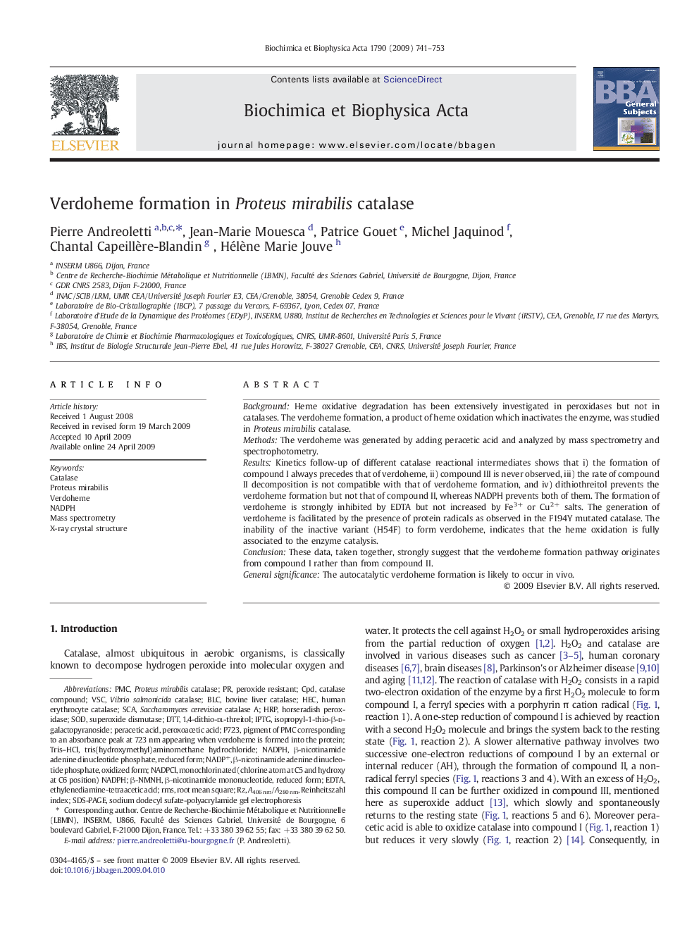 Verdoheme formation in Proteus mirabilis catalase