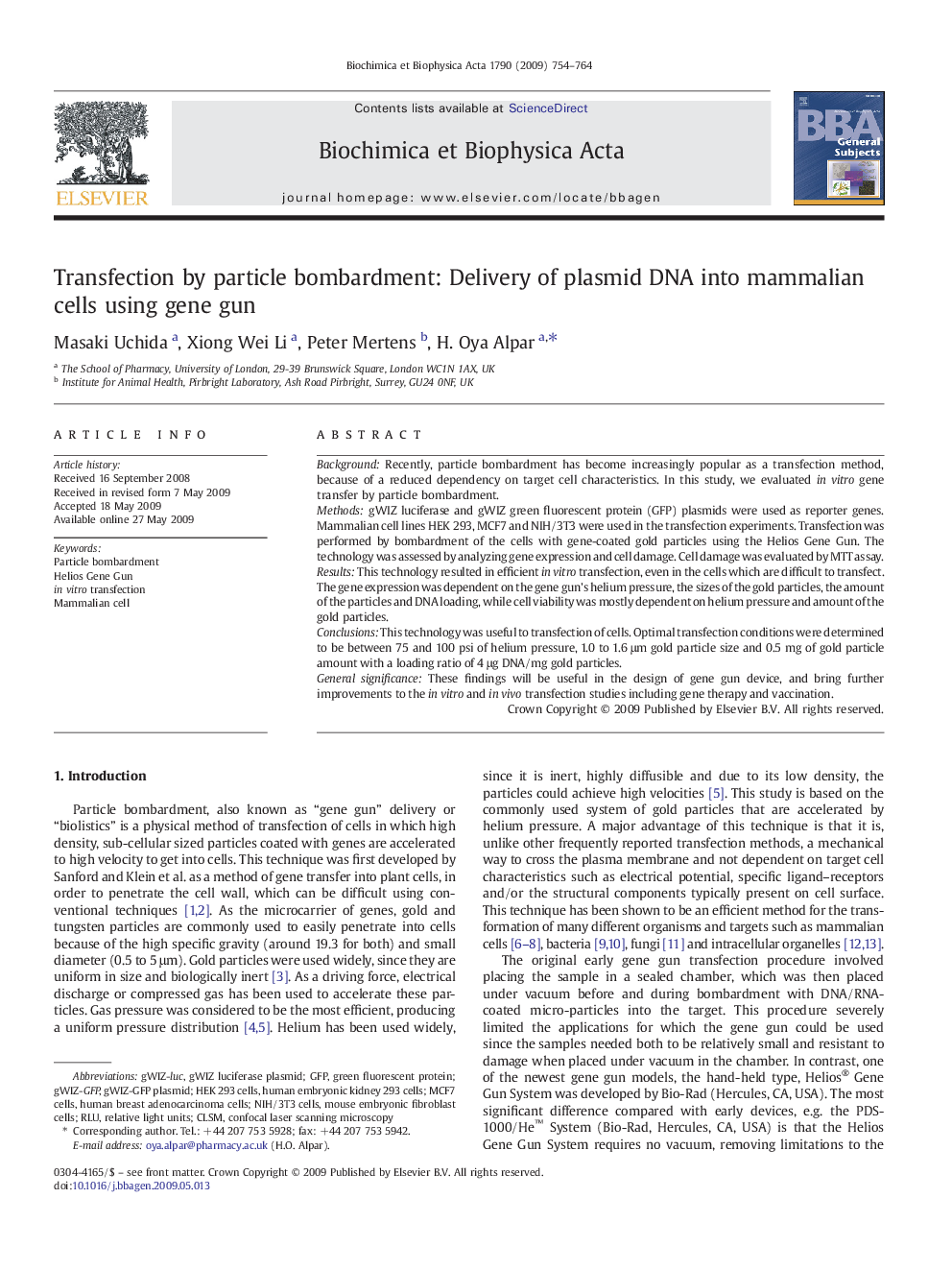 Transfection by particle bombardment: Delivery of plasmid DNA into mammalian cells using gene gun