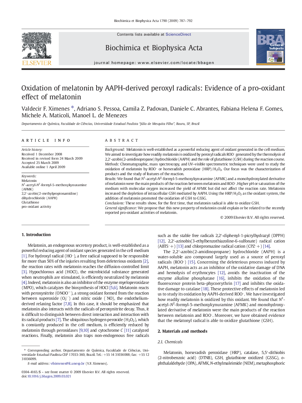 Oxidation of melatonin by AAPH-derived peroxyl radicals: Evidence of a pro-oxidant effect of melatonin