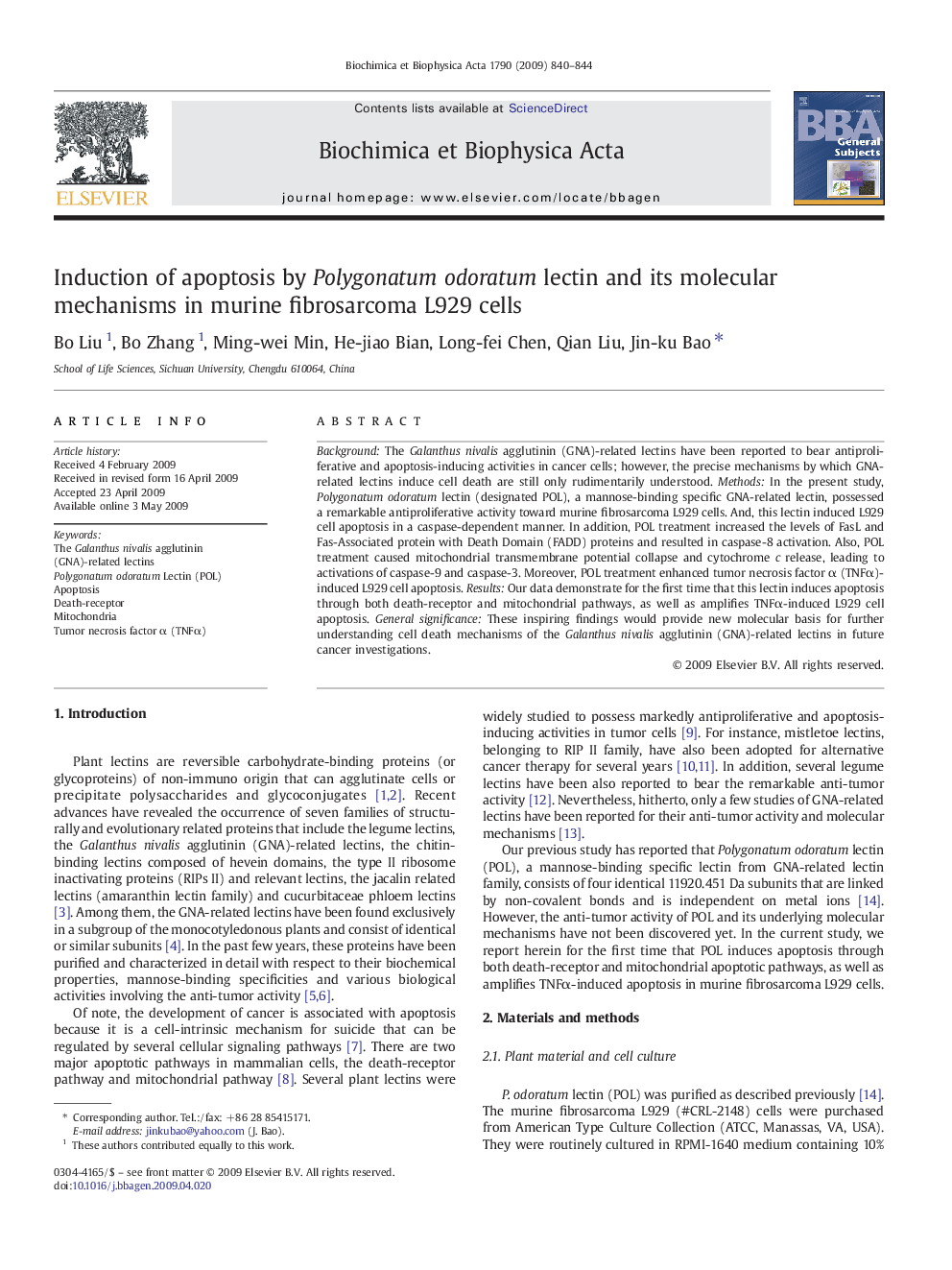 عکس صفحه اول مقاله: Induction of apoptosis by Polygonatum odoratum lectin and its molecular mechanisms in murine fibrosarcoma L929 cells Induction of apoptosis by Polygonatum odoratum lectin and its molecular mechanisms in murine fibrosarcoma L929 cells