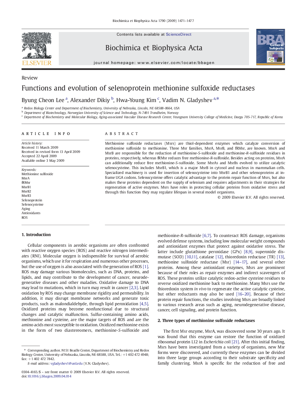 Functions and evolution of selenoprotein methionine sulfoxide reductases