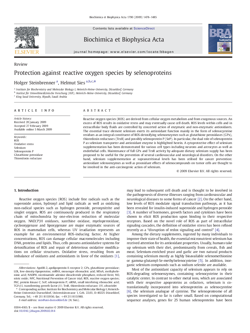 Protection against reactive oxygen species by selenoproteins