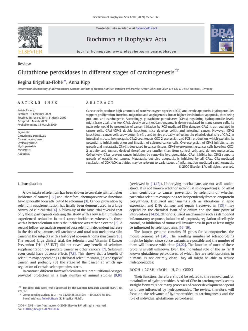 Glutathione peroxidases in different stages of carcinogenesis 