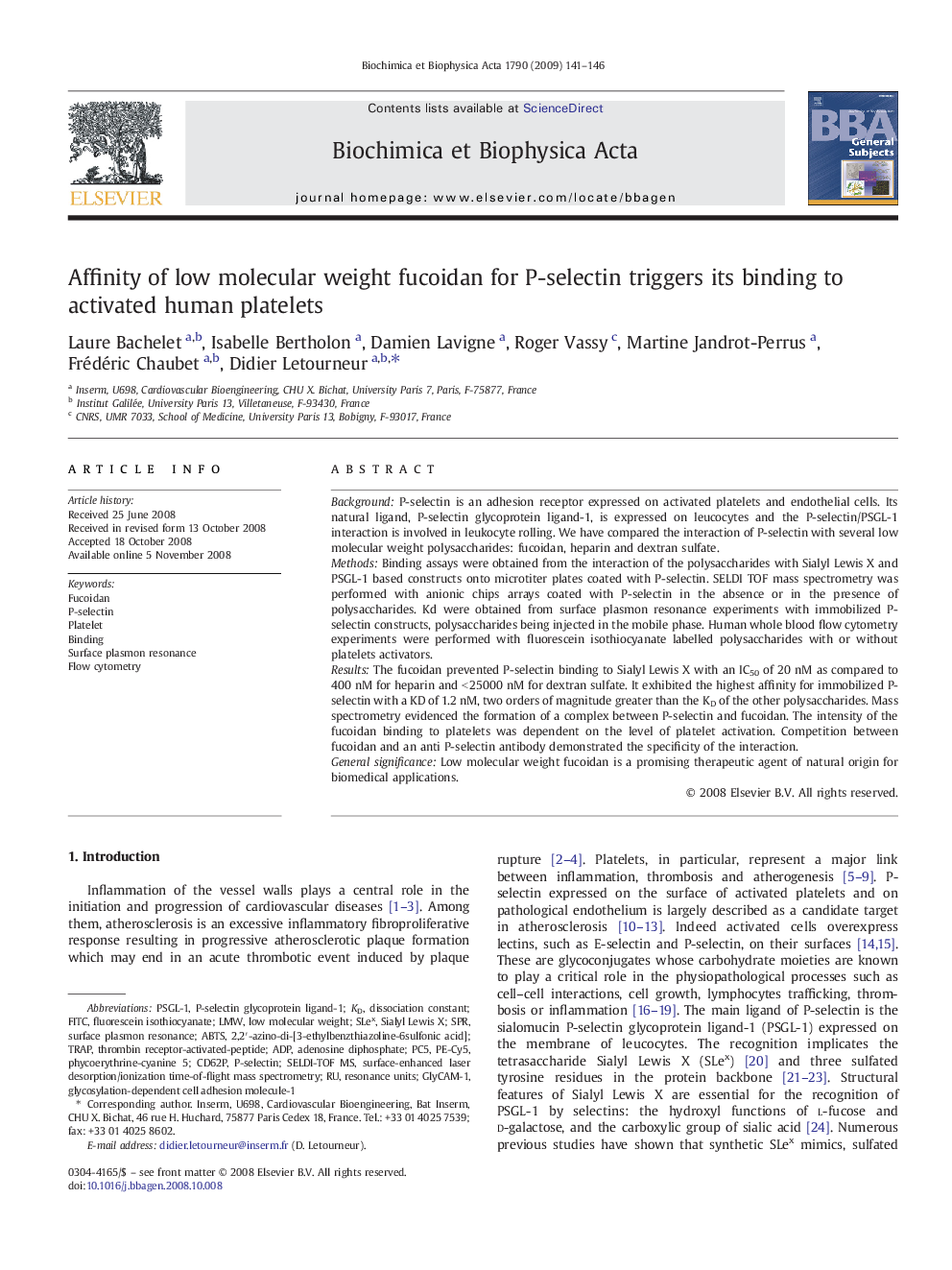 Affinity of low molecular weight fucoidan for P-selectin triggers its binding to activated human platelets