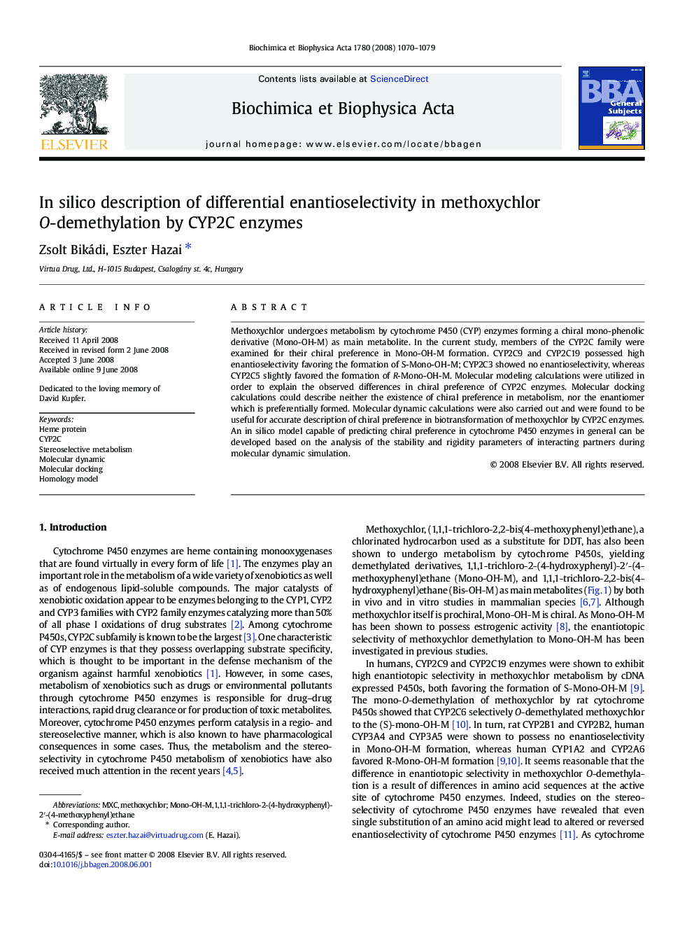 In silico description of differential enantioselectivity in methoxychlor O-demethylation by CYP2C enzymes