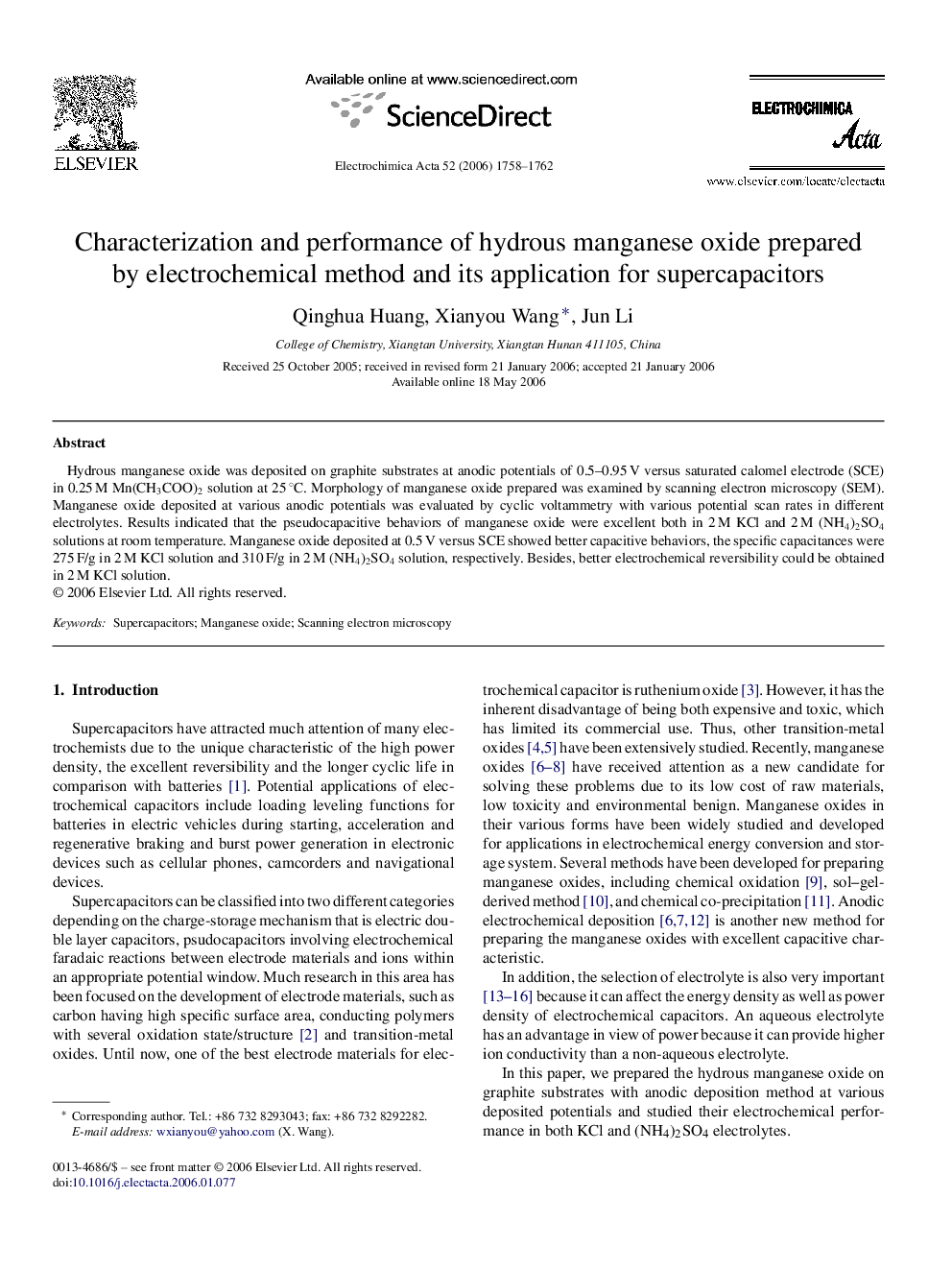 Characterization and performance of hydrous manganese oxide prepared by electrochemical method and its application for supercapacitors