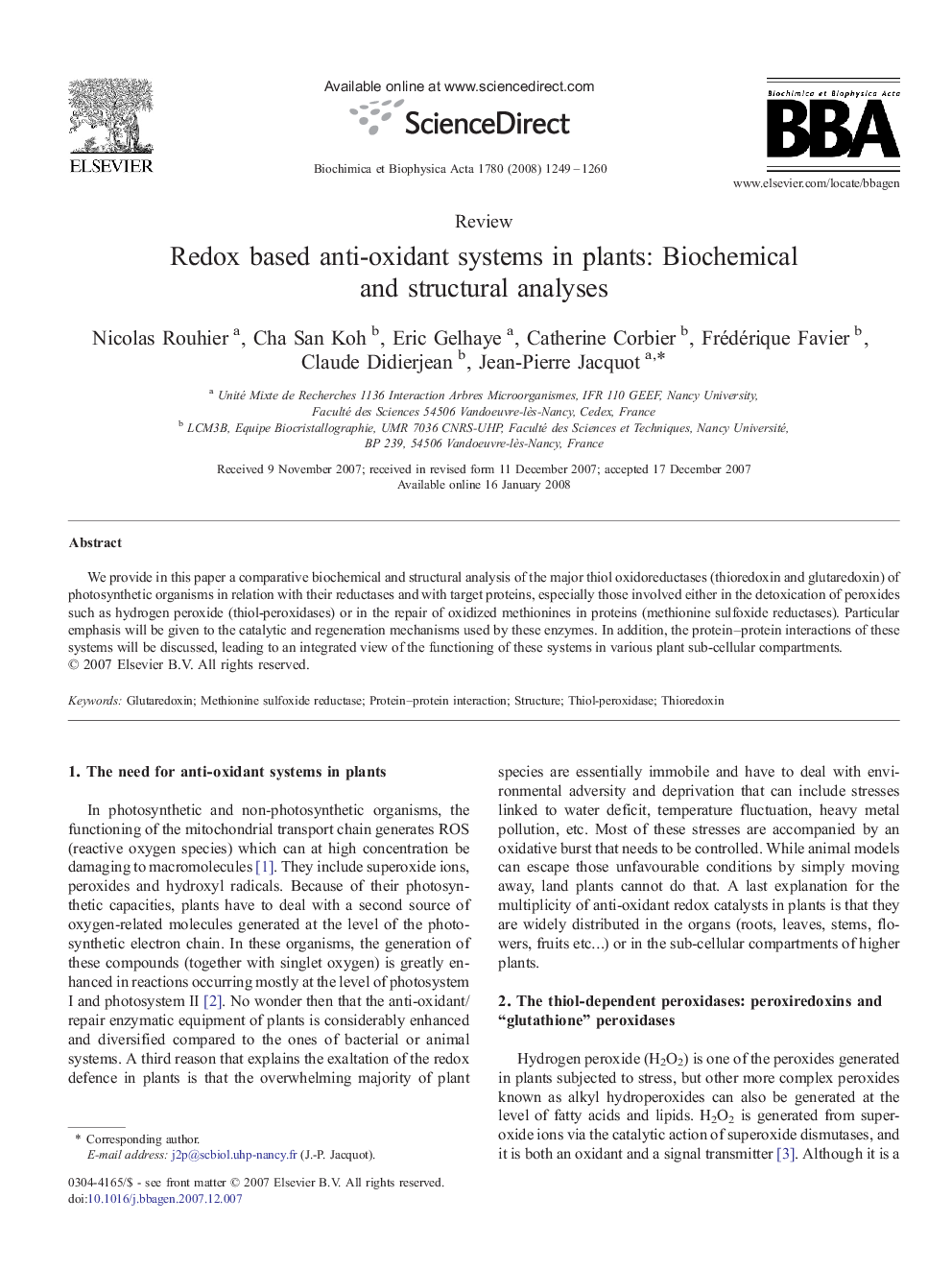 Redox based anti-oxidant systems in plants: Biochemical and structural analyses