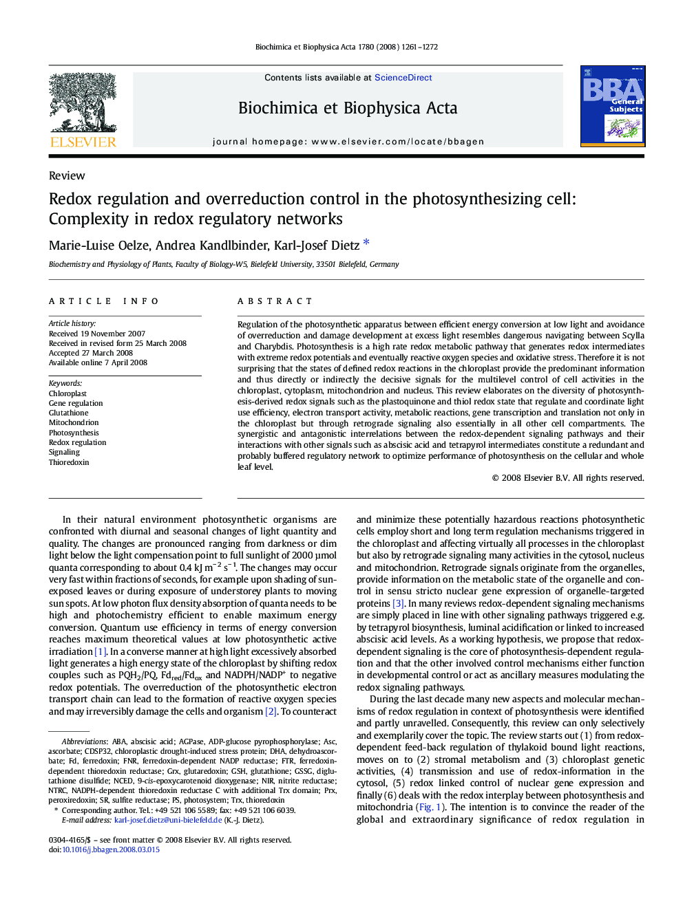 Redox regulation and overreduction control in the photosynthesizing cell: Complexity in redox regulatory networks