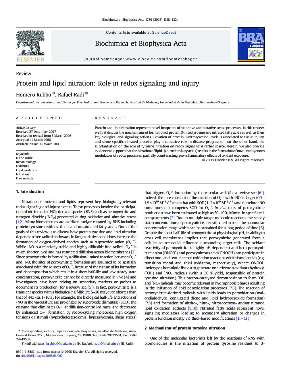 Protein and lipid nitration: Role in redox signaling and injury