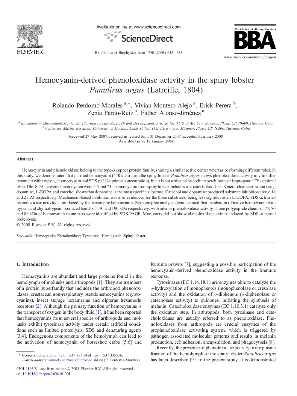 Hemocyanin-derived phenoloxidase activity in the spiny lobster Panulirus argus (Latreille, 1804)