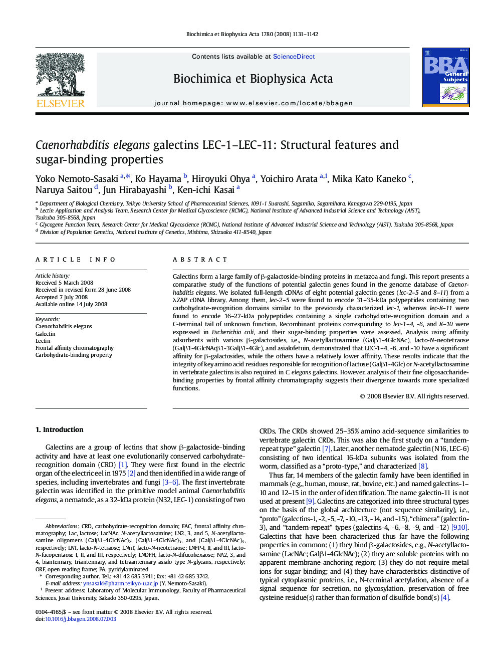 Caenorhabditis elegans galectins LEC-1–LEC-11: Structural features and sugar-binding properties