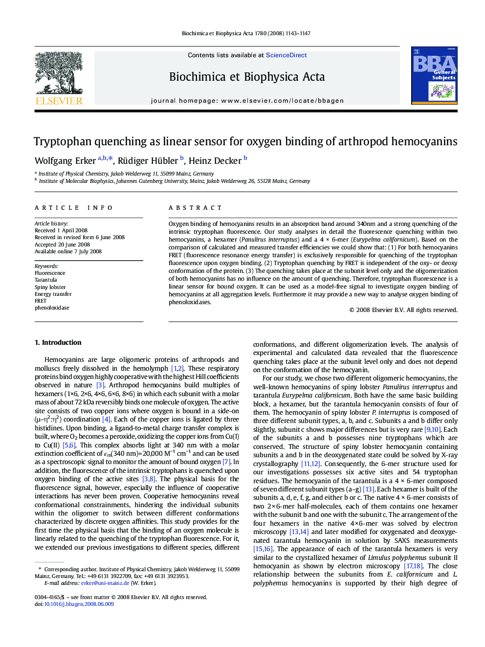 Tryptophan quenching as linear sensor for oxygen binding of arthropod hemocyanins