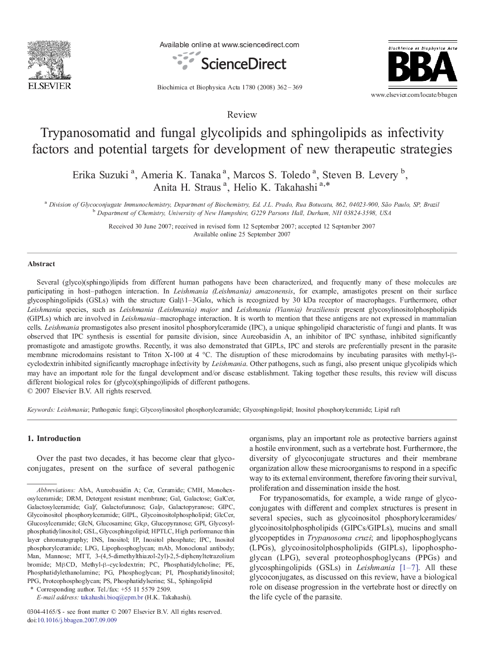 Trypanosomatid and fungal glycolipids and sphingolipids as infectivity factors and potential targets for development of new therapeutic strategies