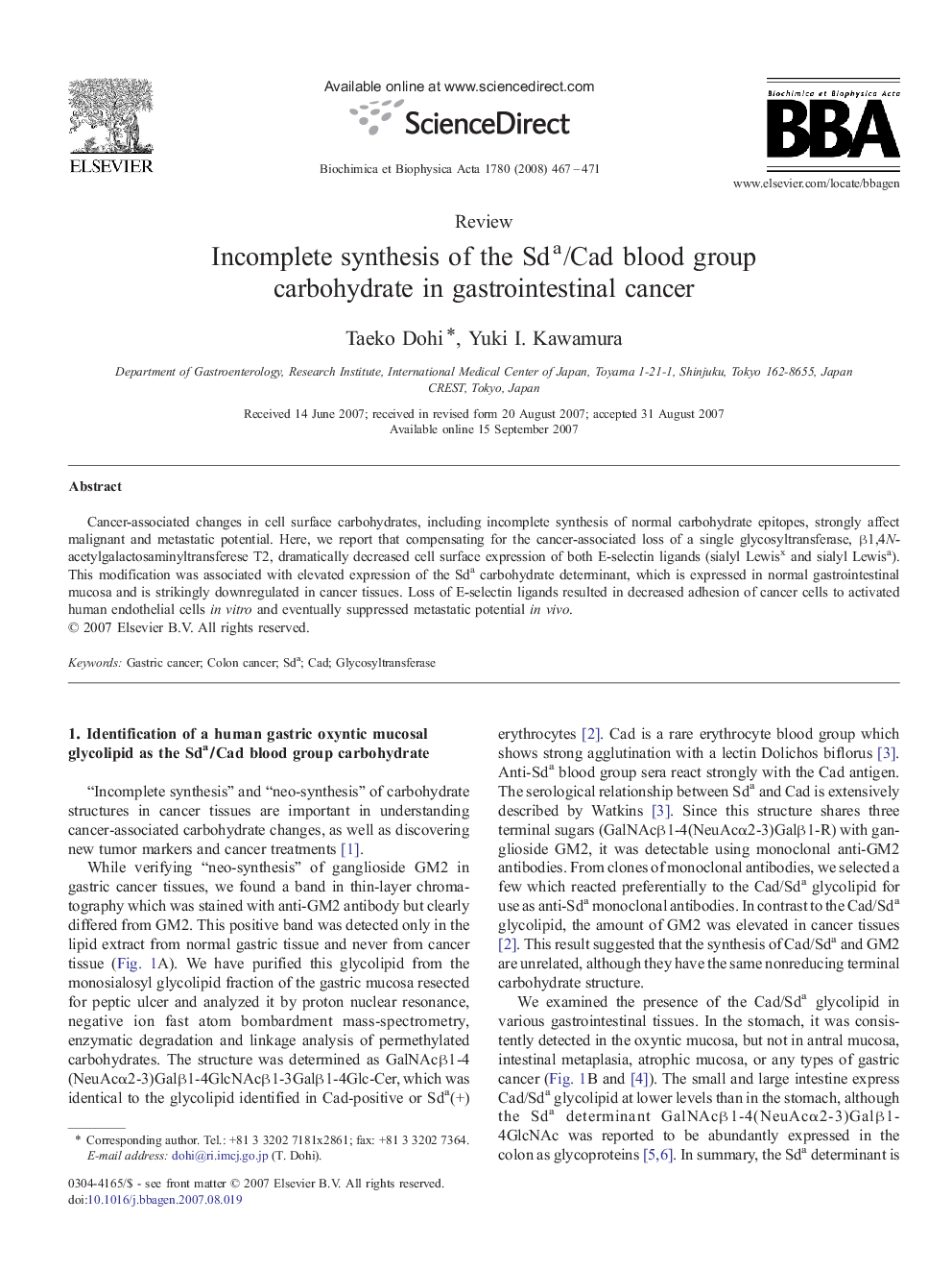 Incomplete synthesis of the Sda/Cad blood group carbohydrate in gastrointestinal cancer