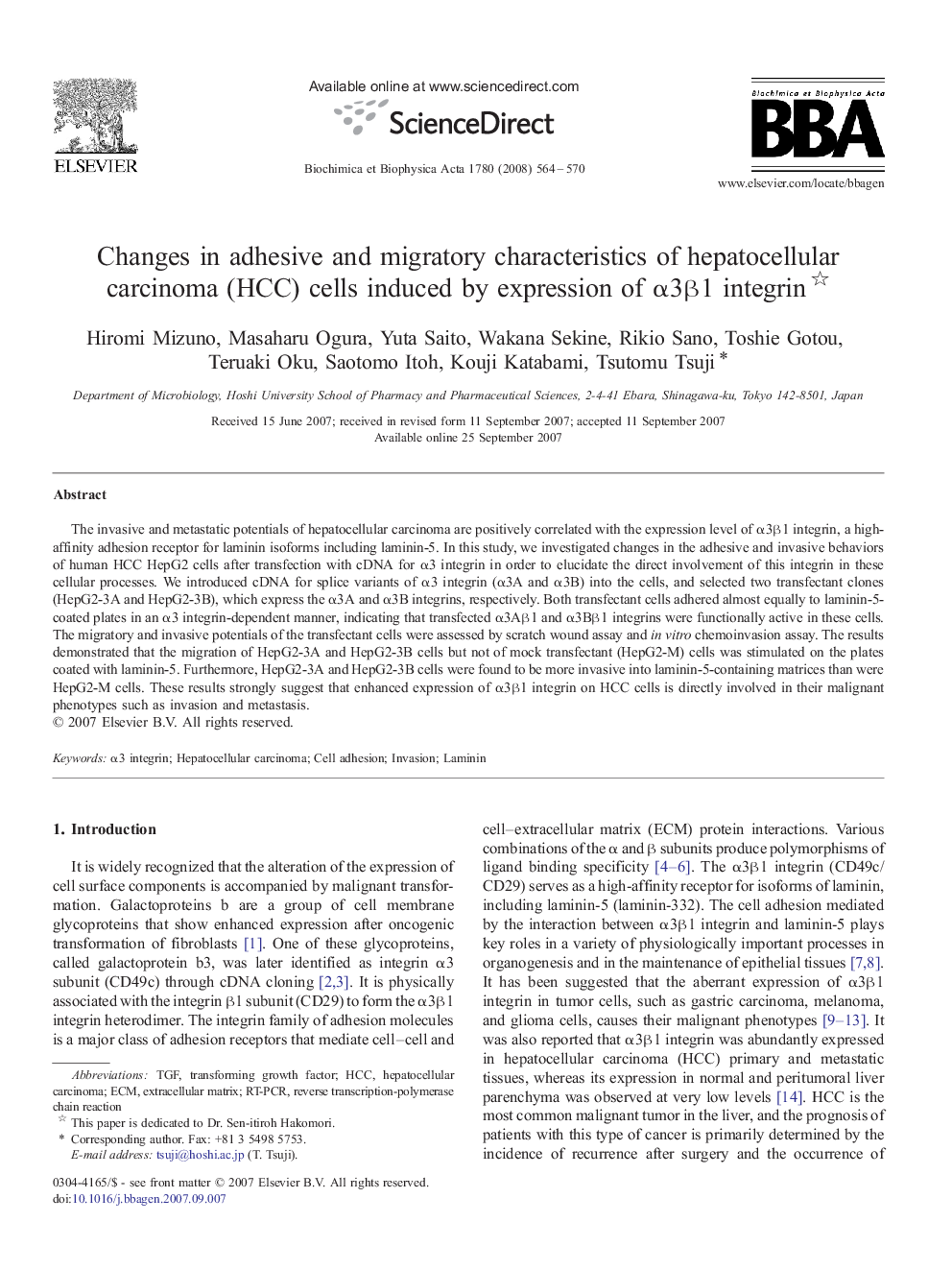 Changes in adhesive and migratory characteristics of hepatocellular carcinoma (HCC) cells induced by expression of Î±3Î²1 integrin