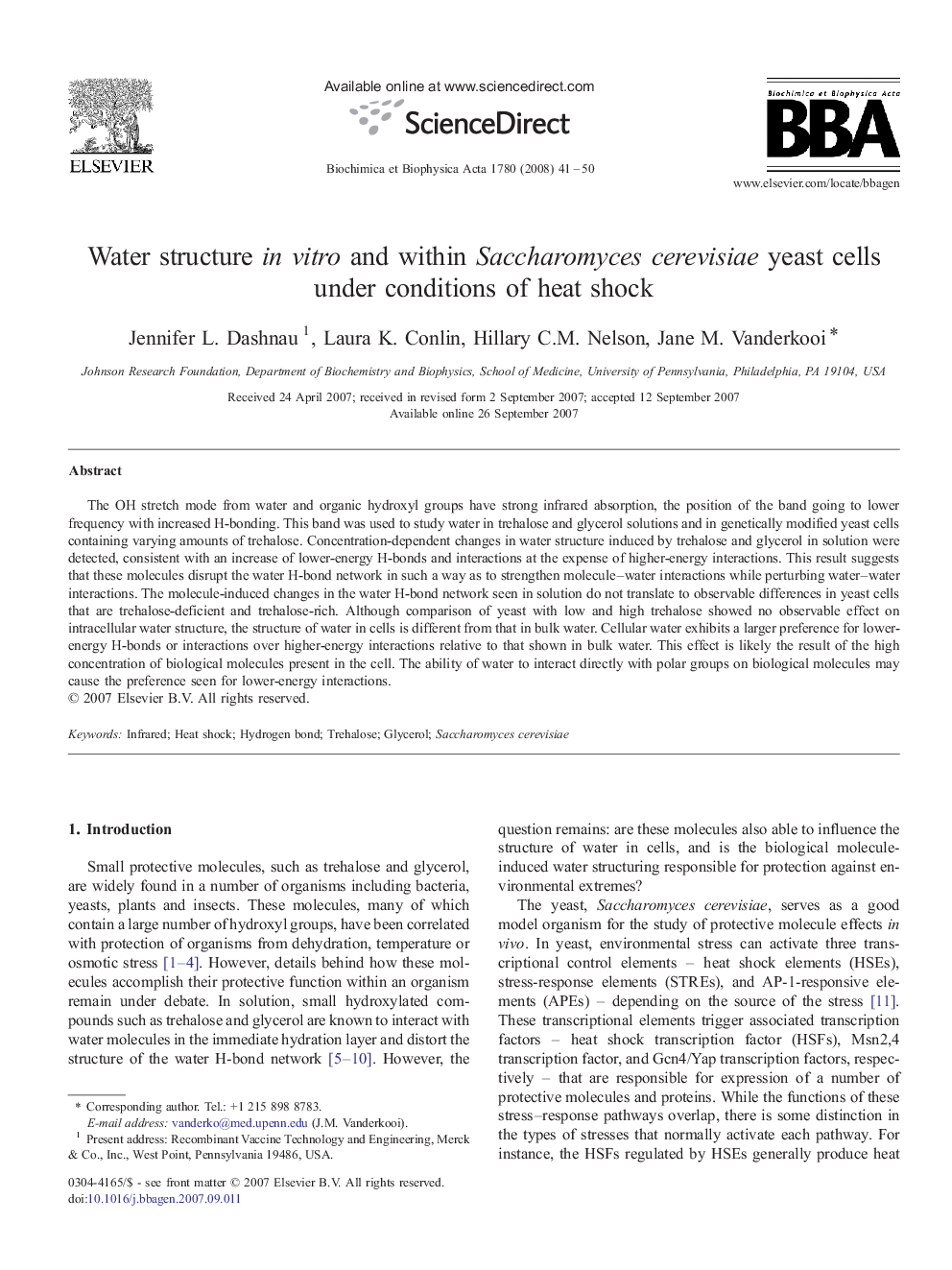 Water structure in vitro and within Saccharomyces cerevisiae yeast cells under conditions of heat shock