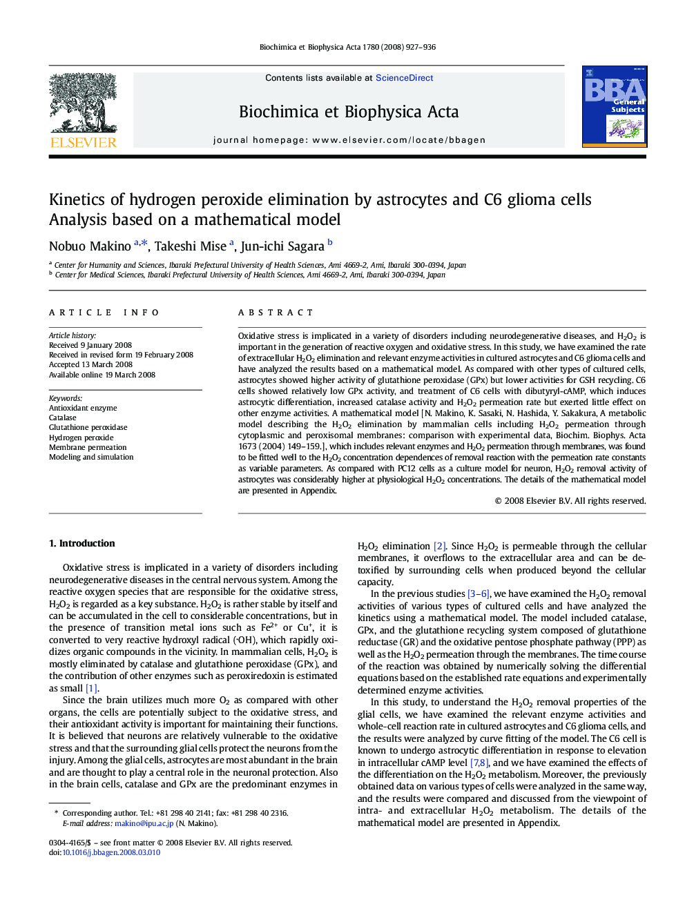 Kinetics of hydrogen peroxide elimination by astrocytes and C6 glioma cells