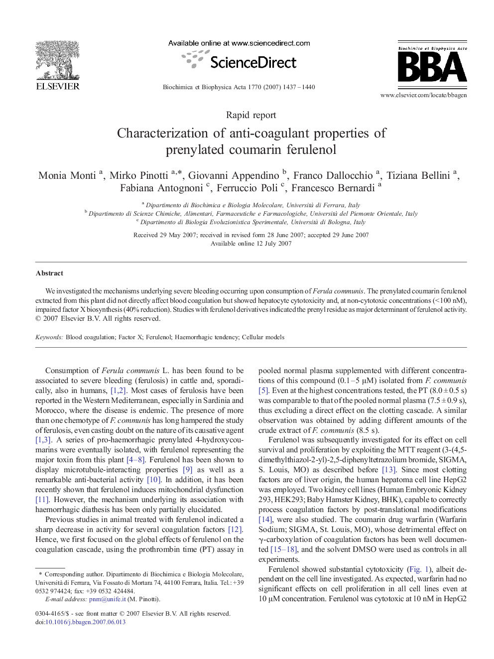 Characterization of anti-coagulant properties of prenylated coumarin ferulenol