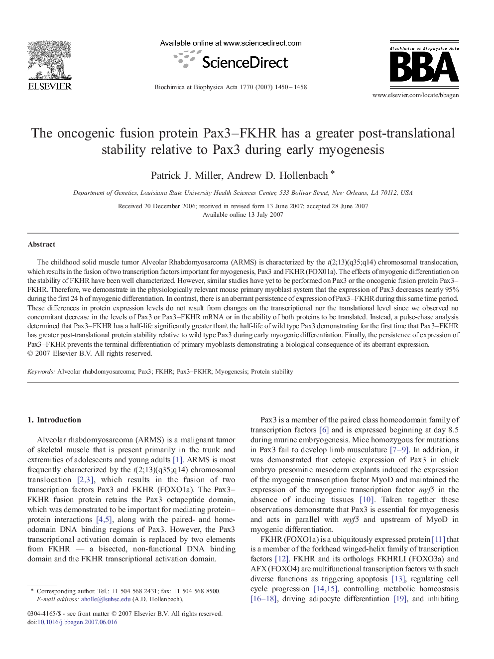 The oncogenic fusion protein Pax3-FKHR has a greater post-translational stability relative to Pax3 during early myogenesis