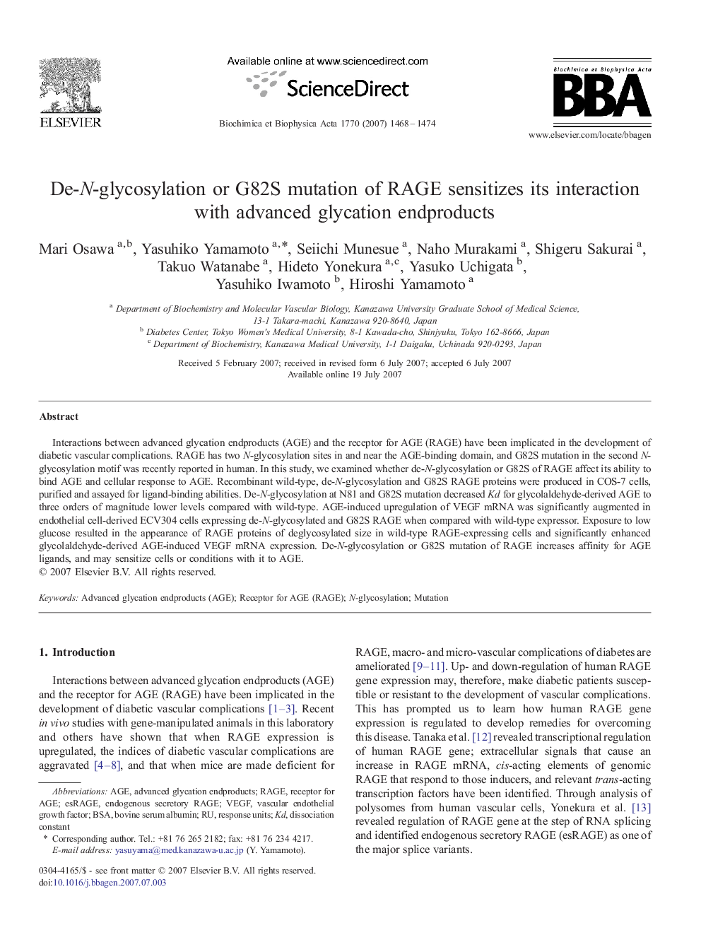 De-N-glycosylation or G82S mutation of RAGE sensitizes its interaction with advanced glycation endproducts