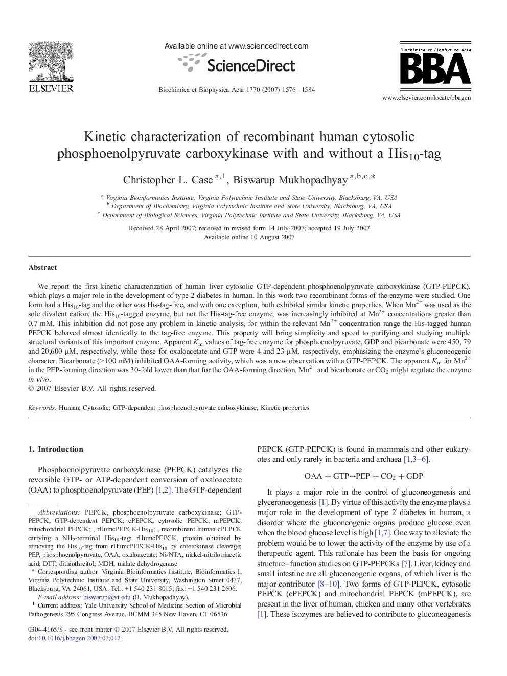 Kinetic characterization of recombinant human cytosolic phosphoenolpyruvate carboxykinase with and without a His10-tag