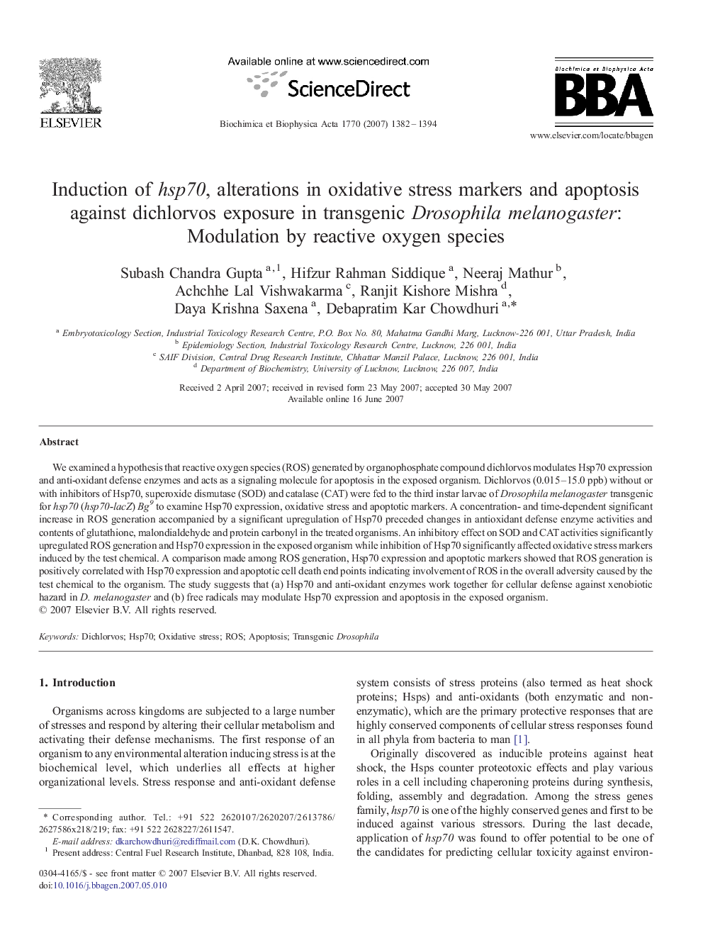 Induction of hsp70, alterations in oxidative stress markers and apoptosis against dichlorvos exposure in transgenic Drosophila melanogaster: Modulation by reactive oxygen species