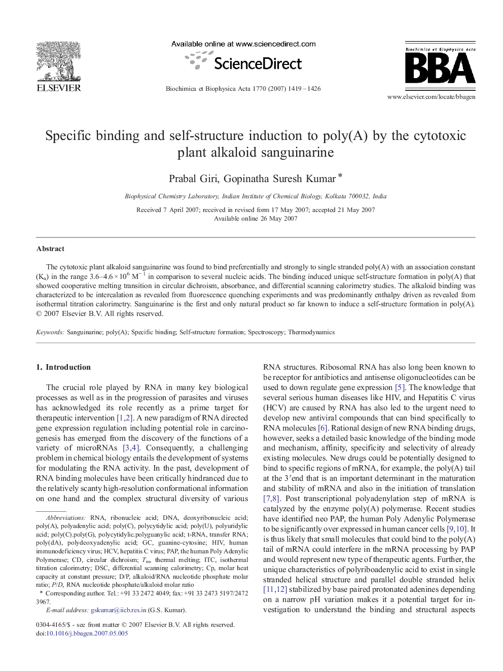 Specific binding and self-structure induction to poly(A) by the cytotoxic plant alkaloid sanguinarine